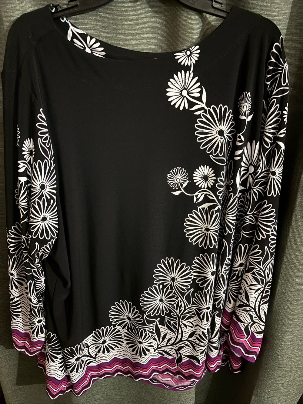 Black Floral Long-Sleeve Tee with Pink Border Trim